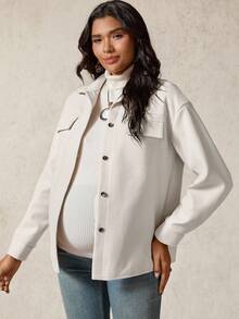 Boho Mama Maternity Solid Color Drop Shoulder Long Sleeve Single-Breasted Casual Regular Jacket - Apricot - View 4