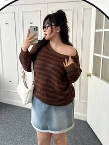 CovetEZ Plus Size Casual Striped Raglan Long Sleeve Plus Size Sweater, Autumn/Winter Fall - Brown - View 1