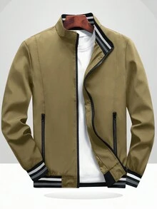 Manfinity Homme 宽松男士拉链口袋夹克（不含 T 恤），时尚休闲轻便夹克，秋季 - 卡其色 - 查看 3