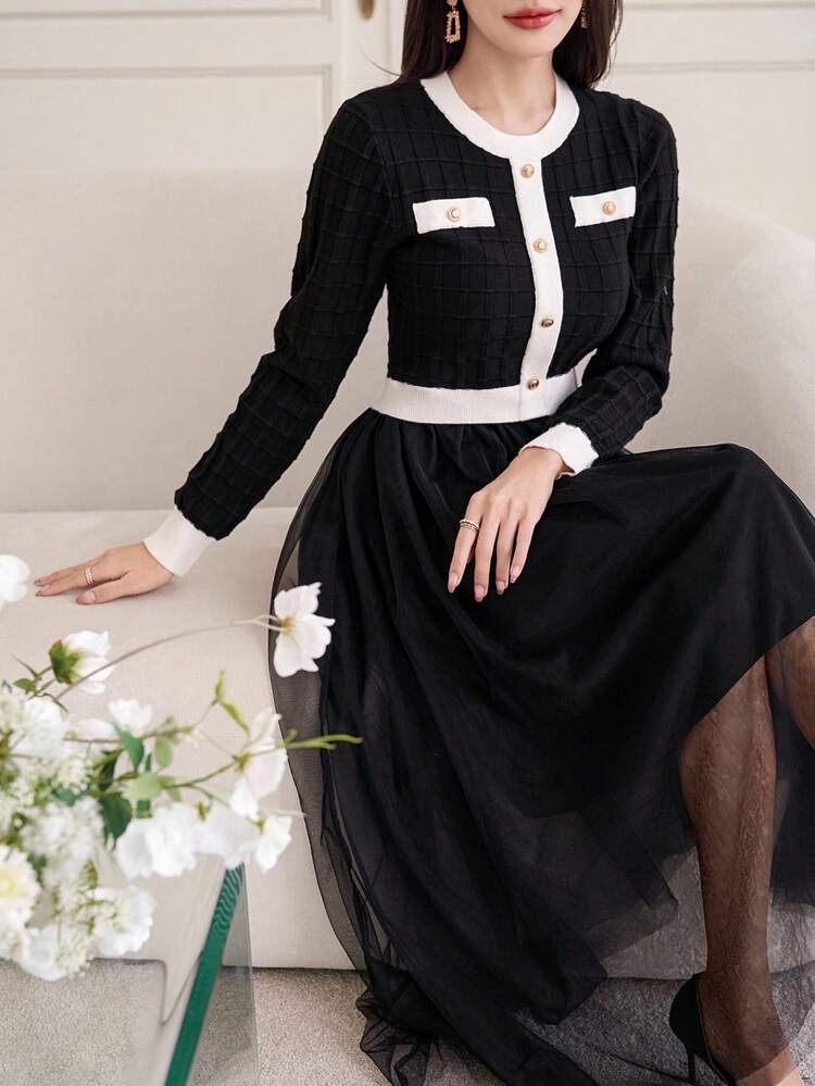 Women's Elegant Color Block Round Neck Sweater Dress, Autumn