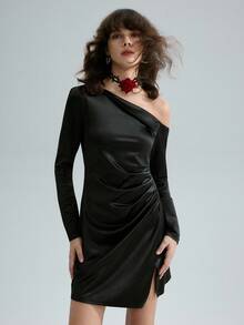 Airlisse Slit Shoulder Long Sleeve Discounted Shiny Fitted Dress For Women - Black - View 5