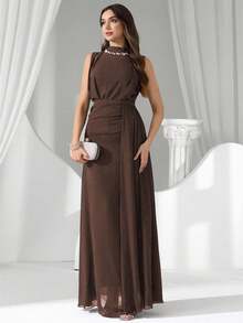 Coutiva 奢华亮片珍珠领晚礼服，高端礼服，优雅气质 - 咖啡棕 - 查看 7