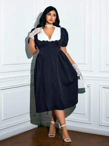 Viva Relle Plus Size Women's Elegant Party Plain Casual Simple Decoration Button Midi Dress - Multicolor - View 1