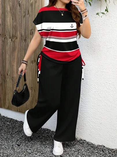 EMERY ROSE 2 件套休闲简约黑、白、红条纹拼色加大码套装，适合夏季
