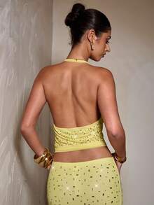 SHEIN BAE 女士优雅水晶装饰黄色露脐上衣，水钻上衣，夜店上衣，派对上衣 - 黃色 - 查看 2