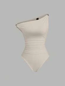 Sweetra Women's Solid Color Casual Asymmetric Shoulder Metal Decor Ruched Bodysuit, Suitable For Spring And Autumn - Apricot - View 3