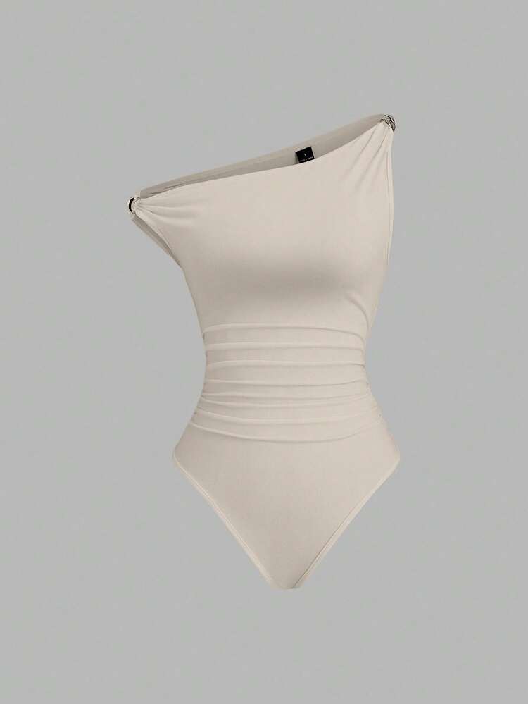 Sweetra Women's Solid Color Casual Asymmetric Shoulder Metal Decor Ruched Bodysuit, Suitable For Spring And Autumn - Apricot - View 3