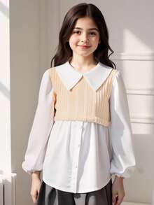 SHEIN Áo sơ mi dài tay cổ Peter Pan phong cách đại học giản dị cho bé gái tuổi teen màu tương phản - Màu be - Xem 6