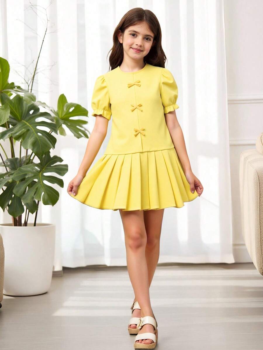 SHEIN Tween Girl Solid Color Puff Sleeve Bow Pleated Hem Dress,Holiday,Summer,Travel