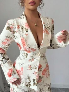 Elenzga 2 件女式花卉印花西装领长袖开衫和阔腿裤松紧腰优雅休闲套装，春秋 - 彩色 - 查看 3