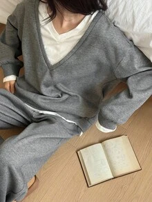 DAZY 女士V领二合一宽松长袖卫衣和直筒裤休闲家居服套装 - 灰色 - 查看 2