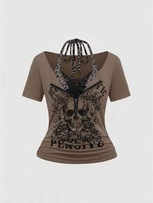 ROMWE Grunge Punk 十字架吊坠朋克骷髅印花二合一豹纹紧身 T 恤，音乐会节日服装 - 咖啡棕 - 查看 1