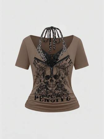Grunge Punk Kreuz-Anhänger Punk Totenkopf Muster 2 in 1 Leoparden Muster Bodycon T-Shirt, Konzert Festival Outfits