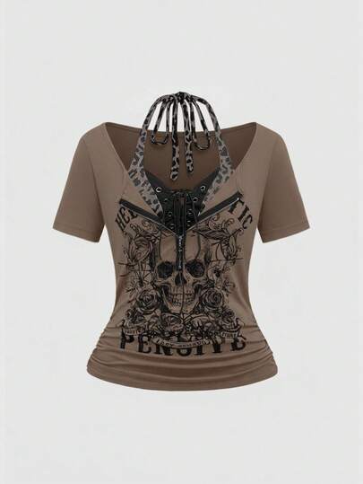 Grunge Punk Maglietta aderente a 2 in 1 con stampa di teschio punk e pendente a croce, stampa leopardata, adatta per concerti e festival