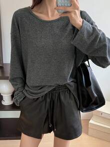 DAZY Maglietta casual basic a maniche lunghe con scollo a equipaggio, vestibilità morbida, da donna