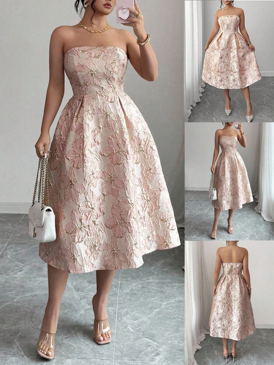 Elenzga 大码女式花卉提花褶皱设计优雅露肩连衣裙 - 粉色 - 查看 1