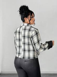 Elenzga Plus Size Women Plaid Patchwork PU Elegant Blazer Jacket With Button Closure, Autumn/Winter - Black and White - View 2