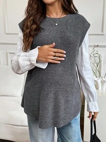SHEIN 孕妇圆领长袖宽松休闲T恤 - 灰色 - 查看 3