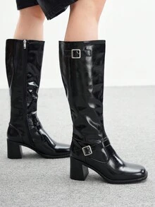 CUCCOO BIZCHIC Women's Fashion Over-The-Knee Boots, Square Toe Chunky Heel Design, Solid Black Color, Side Zipper With Multi-Strap Decor, Versatile For Skirts, Jeans, Coats, Suitable For Autumn/Winter, Fashion Shows, Commuting, Stylish Ladies Tall Boots - Black - View 1