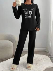 Completo pigiama da donna 2 pezzi, morbido e caldo, in maglia a costine, con dettaglio ricamato "Lasciami dormire", per il comfort della casa