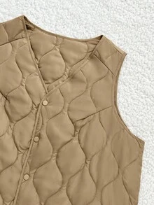 Linhara Áo vest cổ chữ V siêu nhẹ, thời trang tối giản, cỡ lớn, phù hợp cho mùa thu đông, có túi - Màu Khaki - Xem 4