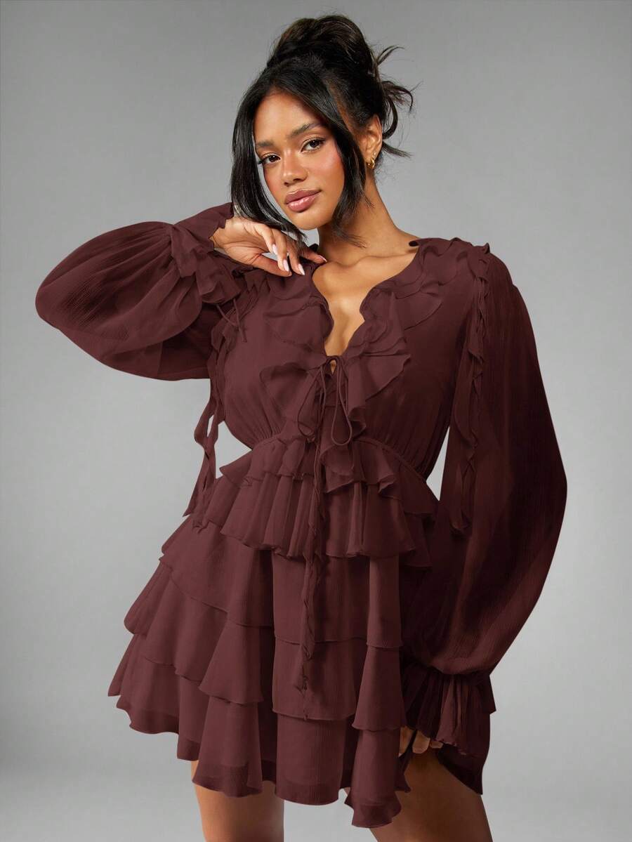 MISSGUIDED Elegant Chiffon Tiered Ruffle Mini Dress With Balloon Sleeves V-Neck Long Sleeve Party Wedding Guest Fall Winter Dress Special Occasion - Brown - View 1