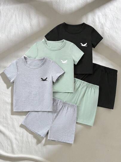 SHEIN Playful Pals 6pcs/Pack Baby Boy Printed Short Sleeve Shirt And Shorts Set, Multiple Pieces