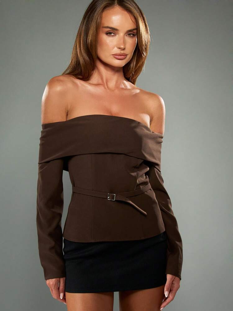 MISSGUIDED Off Shoulder Long Sleeve Belted Top With Buckle Detail For Fall Winter Layering