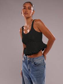 SHEIN BAE Sleeveless Frill Trim Solid Color Cropped Knit Top For Women - Black - View 5