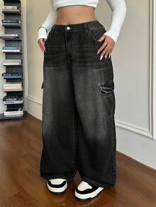 Dripcurv Plus Size Casual Loose Straight Leg Jeans, Blue Jeans Wide Leg Cargo Jeans For Women