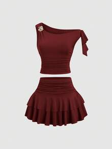 Sweetra Women's Summer Bronze Metallic Floral Camisole & Pleated Layered Mini Skirt Set - Burgundy - View 3