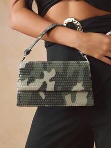 SHEIN SXY Damen Handtaschen mit Griff, Camouflage Muster, transparente Pailletten, modisch, elegant, schlicht, personalisiert, vielseitig, klassisch, für Date, Alltag, Einkaufen, Nachmittagstee, Party, Abschlussball, Club, Date, Geburtstag, Abend, Abenddate - Armeegrün - Übersicht 1