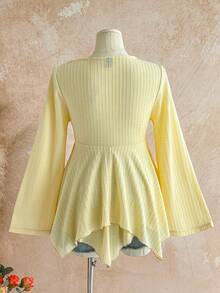 Soleia Plus Size Women's Vacation Yellow Flared Long Sleeve Layered Hem T-Shirt - Yellow - View 2