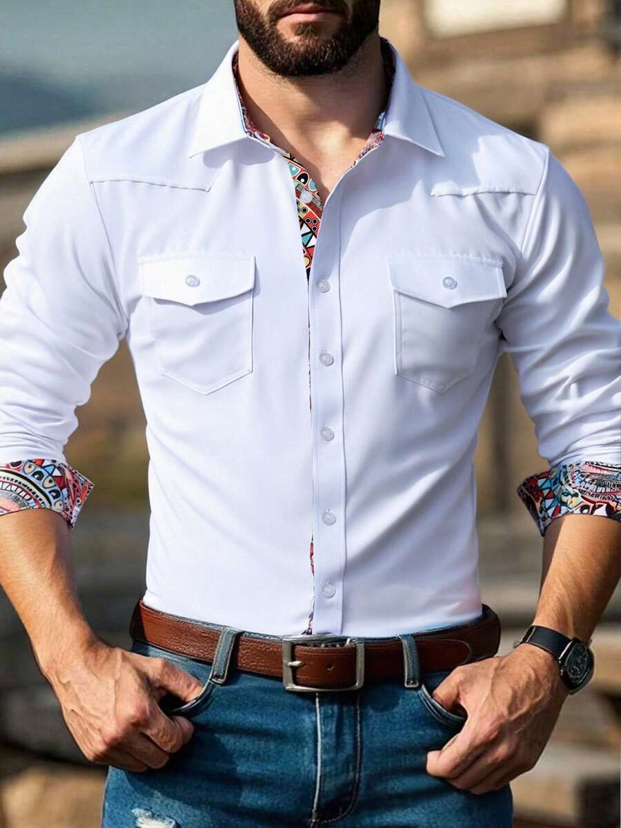 Manfinity Homme 男士纯色休闲百搭长袖衬衫 - 白色 - 查看 1