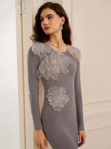 Omancia Women's 3D Floral Pearl Sexy Luxury Casual Knit Sweater Dress, Suitable For Party, Halloween, Thanksgiving, New Year, Christmas, Autumn/Winter