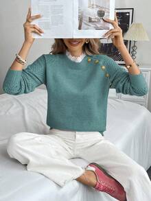 EMERY ROSE New Floral Trim Round Neck Loose Casual Women Sweater - Green - View 4