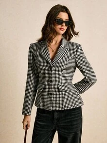 Poéselle 女士千鸟格单排扣优雅西装外套，女士冬季外套，优雅办公通勤装，新年佳节，适合日常穿着、外出、通勤、秋冬季 - 黑與白 - 查看 4