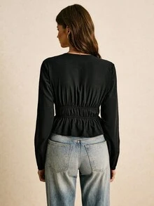 Poéselle Blusa de mujer con cuello en V, unicolor, decoración de lazo, manga larga y bajo con volantes, versátil y de moda - Negro - Ver 4