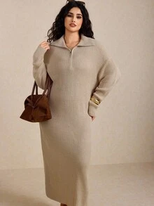 Elaquor 大码女式纯色落肩半拉链休闲针织超长毛衣裙长袖长裙毛衣裙女式针织超长裙秋冬女装