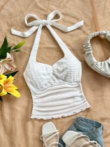 Soleia 女士休闲纹理系带露背吊带上衣，适合度假和日常穿着，白色性感音乐节休闲度假波西米亚风海滩装扮 - 白色 - 查看 1