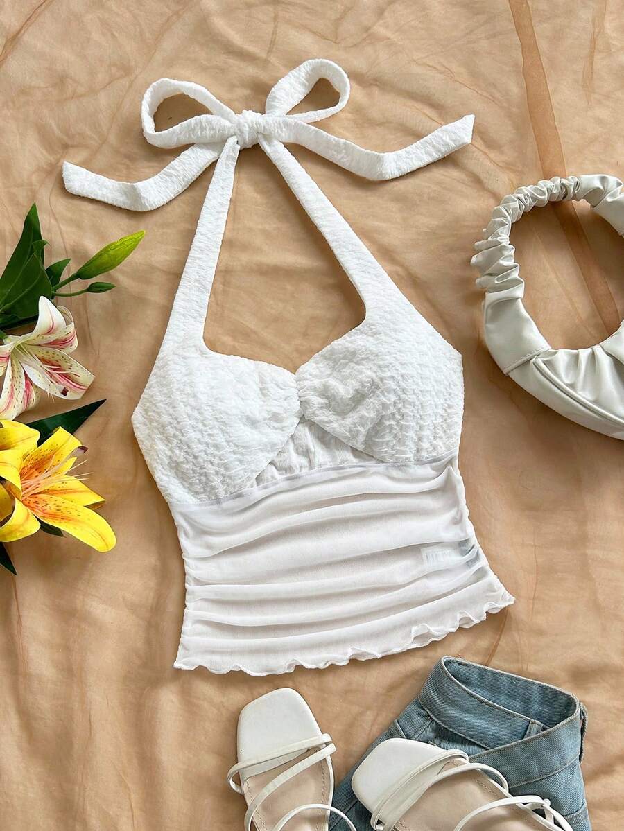 Soleia 女士休闲纹理系带露背吊带上衣，适合度假和日常穿着，白色性感音乐节休闲度假波西米亚风海滩装扮 - 白色 - 查看 1