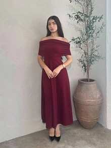Andrea Bello Women's Elegant Minimalist Refined Romantic Fashion Party Vacation Commute Off Shoulder High Waist A-Line Long Dress, Grey Maxi Dress - Burgundy - View 4