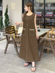 DAZY 女士休闲宽松无袖牛仔连衣裙，适合春夏穿着的百搭连衣裙 - 咖啡 - 查看 4