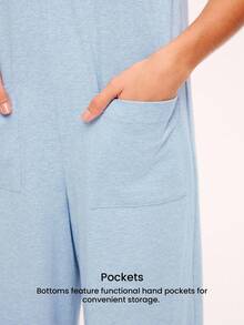 LUVLETTE 夏季蓝色柔软棉质女士睡衣内衣外穿连体裤，带口袋，适合女性穿着 - 藍色 - 查看 9