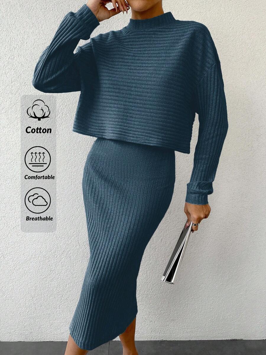 SHEIN Cottnline 2pcs Women Set: Solid Color Drop Shoulder Knit Long Sleeve Sweater Dress - Dark Green - View 1