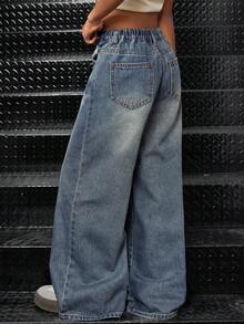 SHEIN 少女Y2K时尚90年代高腰星形拼接流苏低腰破洞宽松阔腿牛仔裤，毛边裤脚和斜插口袋，休闲学院风，舒适时尚简约实用百搭柔软面料，秋冬返校季，秋季，街头风，Y2K宽松牛仔裤，阔腿牛仔裤，宽松牛仔裤，Y2K复古水洗牛仔宽松牛仔裤，街头牛仔裤 - 中等水洗藍 - 查看 2