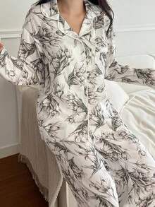 DAZY Charming Floral Print Women Pajama Set, Fall Clothes - White - View 4