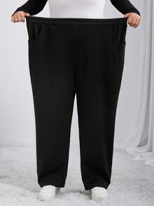 SHEIN CURVE+ Quần ống đứng lót len ấm áp mùa đông cho nữ cỡ lớn - màu đen - Xem 4