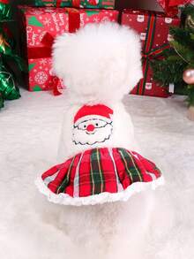 PETSIN 1pc Cat And Dog Universal Pet Clothes, Cute Embroidered Santa Claus Christmas Outfit, Autumn And Winter Plus Plush Thick Warm Cotton Dress - red grid - View 4