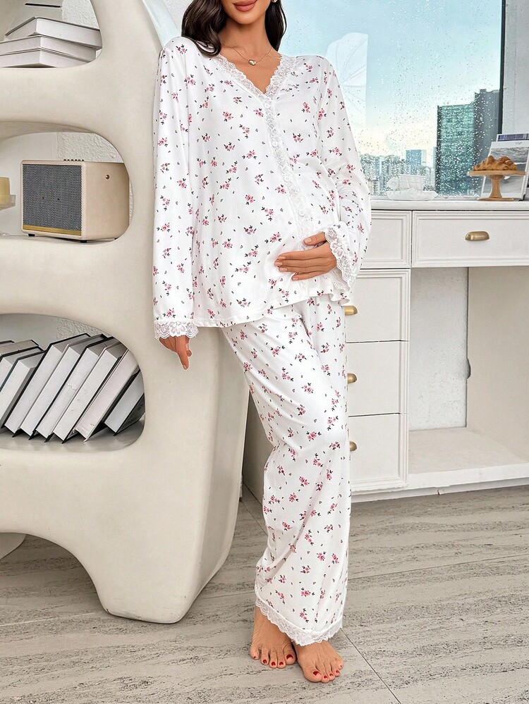 Moonlight&Mama Maternity Moonlight & Mama Romantic Floral Contrast Lace Long Sleeve Top & Pants Pajama Set For Pregnant Women Floral Pajama Set Comfy Pajamas Set, Fall Winter Clothes - Multicolor - View 4